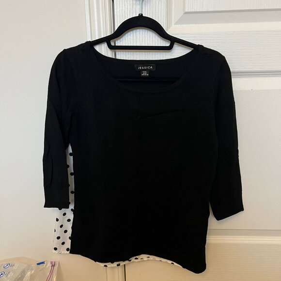JESSICA Petite 3/4 Sleeve Polka Dot Flowy Back Black Knit Blouse - Picture 2 of 5